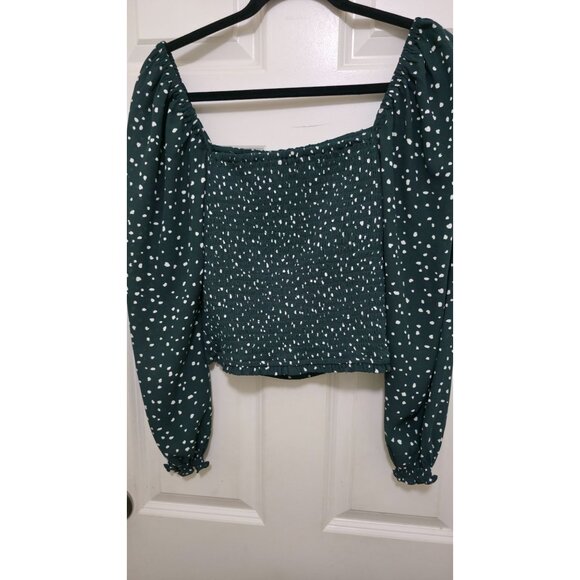Abercrombie & Fitch Green Polka Dot Smocked Off-Shoulder Blouse With Long Sleeve - Picture 3 of 7